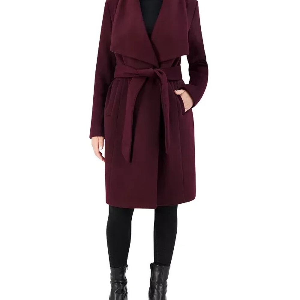 Cole Hann Belted Wool-Blend Wrap Coat in Deep Plum